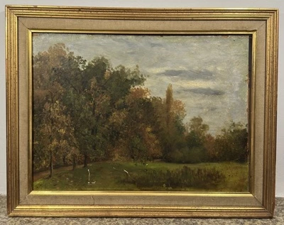 Huile sur panneau XXe suiveur de l'Ecole de Barbizon : vue d'une forêt paysage - Photo 1/4