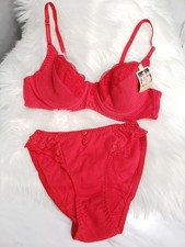 NEW VINTAGE 90's BRA PANTY Matching Set Candy Red High Cut 36B / Small