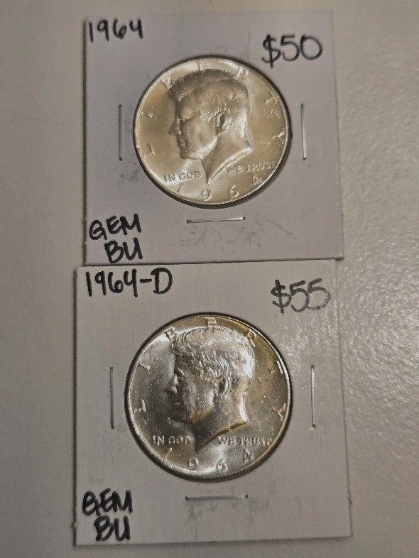 pn557 1964 Kennedy Half Dollar 2枚セット Lot of 2 1964 & 1964-D Kennedy Half Dollar 90% Silver BU