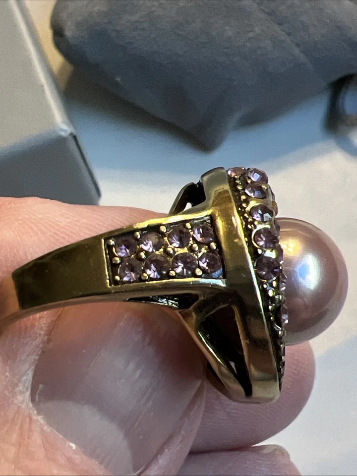 Heidi Daus Cocktail Ring Black Pearl Pink Stone Crystal Bronze Tone Sz 10 #JO31 - Image 3 of 4