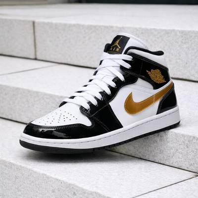 #ad Nike Air Jordan 1 Mid Patent Black White Gold 852542 007 Men#x27;s Size New $108.89