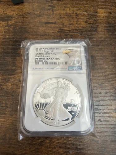 2025 S American Silver Eagle $1 250th Anniversary Navy Privy NGC PF70 Ultra Cam