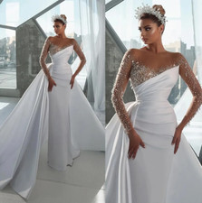 Modest Mermaid Bridal Gowns Sheer Neck Jewel Wedding Dress Illusion Custom Made