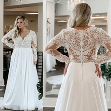 Plus Size Wedding Dresses Long Sleeves V Neck Lace Applique Chiffon Bridal Gown