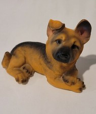 Cute German Shepherd Handpainted Resin Figurine Lying Down One Ear Up One Down