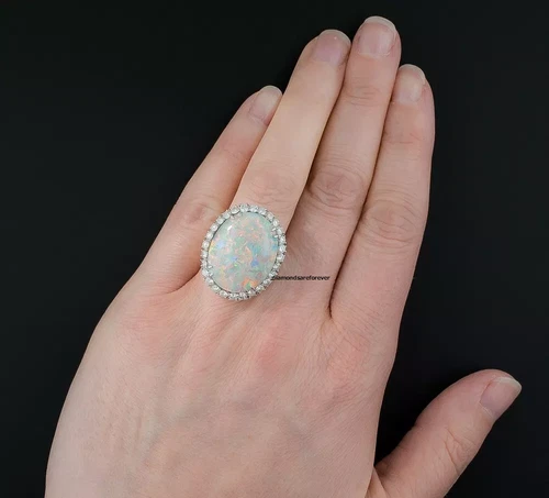 Fabulous Large-Scale Oval 24.31CT Opal Sparkling 925 Silver & White CZ Halo Ring