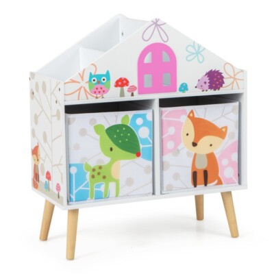 Kids House-shaped Playroom Bookshelf & 4 Top Storage 2 Removable Toy Storage Bin
