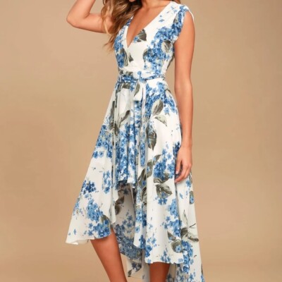 blue and white floral high low dress Kimber Floral Ruffle Maxi Dress • Shop American Threads Boutique Cobalt Floral / L main image 0