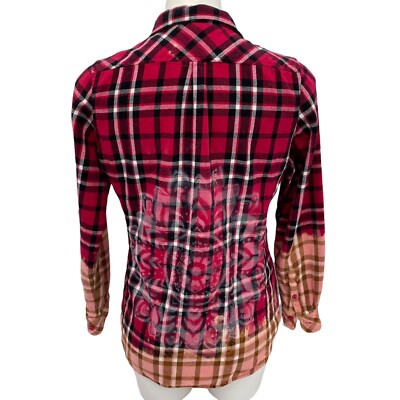 Upcycled Plaid Shirt Womens Medium Red Country Camp Bleach Ombre Stencil Ranch