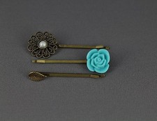 Antiqued gold tone Leaf Aqua rose flower filigree set 3 bobby hair pins barrette