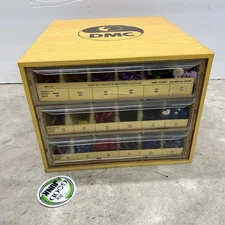 Vintage DMC Thread Floss Wooden Wood 3 Drawer Box Embroidery Storage W/Dividers