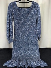 Blue Floral Smocked Long-Sleeve Midi Dress with Ruffle Hem 2207