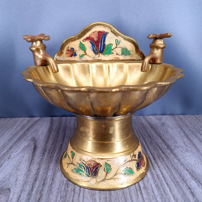 Vtg Brass Wash Basin Soap Dish With Enamel Floral Design