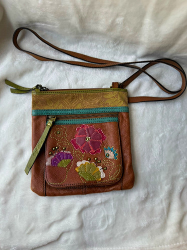Fossil Brown Floral Embroidered Crossbody Bag Zip, Detachable Strap Lined