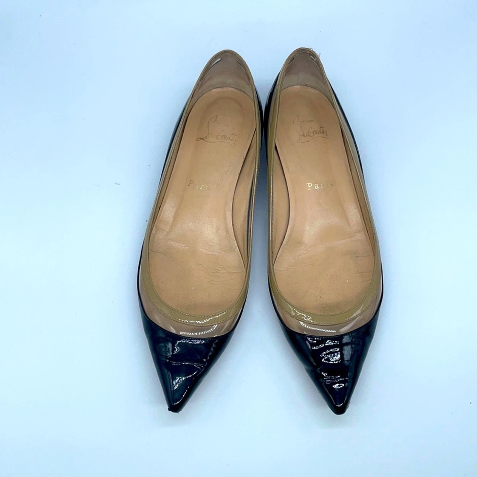 Christian Louboutin — Christian Louboutin Black Beige Patent leather Paulina pointed toe flats 37