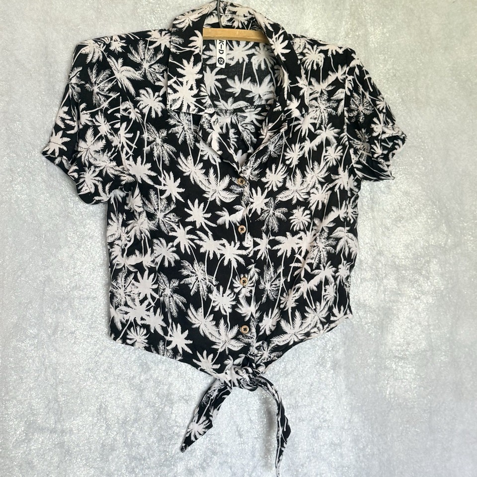 K-D Black & White Palm Trees Summer Blouse Button Up Shirt 100% Viscose Size 12