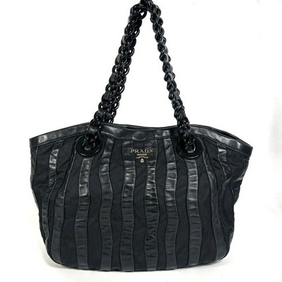 PRADA Black Leather Tote Bag Authentic Large Handbag with Silver Hardware