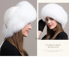 Hat Cap Furry Thick Real Fox Farm Fur Warm with Pom-pom Pu Leather Head Women