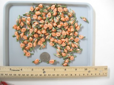 125 pc. Small Peach Ribbon Rose Flower Embellishments 3/8'' Flower, 7/8'' W/Leaves