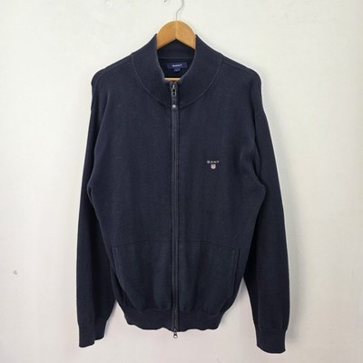 GANT Full Zip Cardigan Sweater Mens Large Navy Blue Knit Pockets Mock Neck