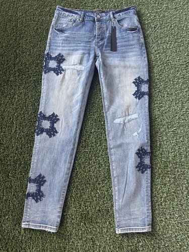 AMIRI MA Quad Appliqué Skinny Jeans Mens 32 Antique Indigo Distressed Denim NWT