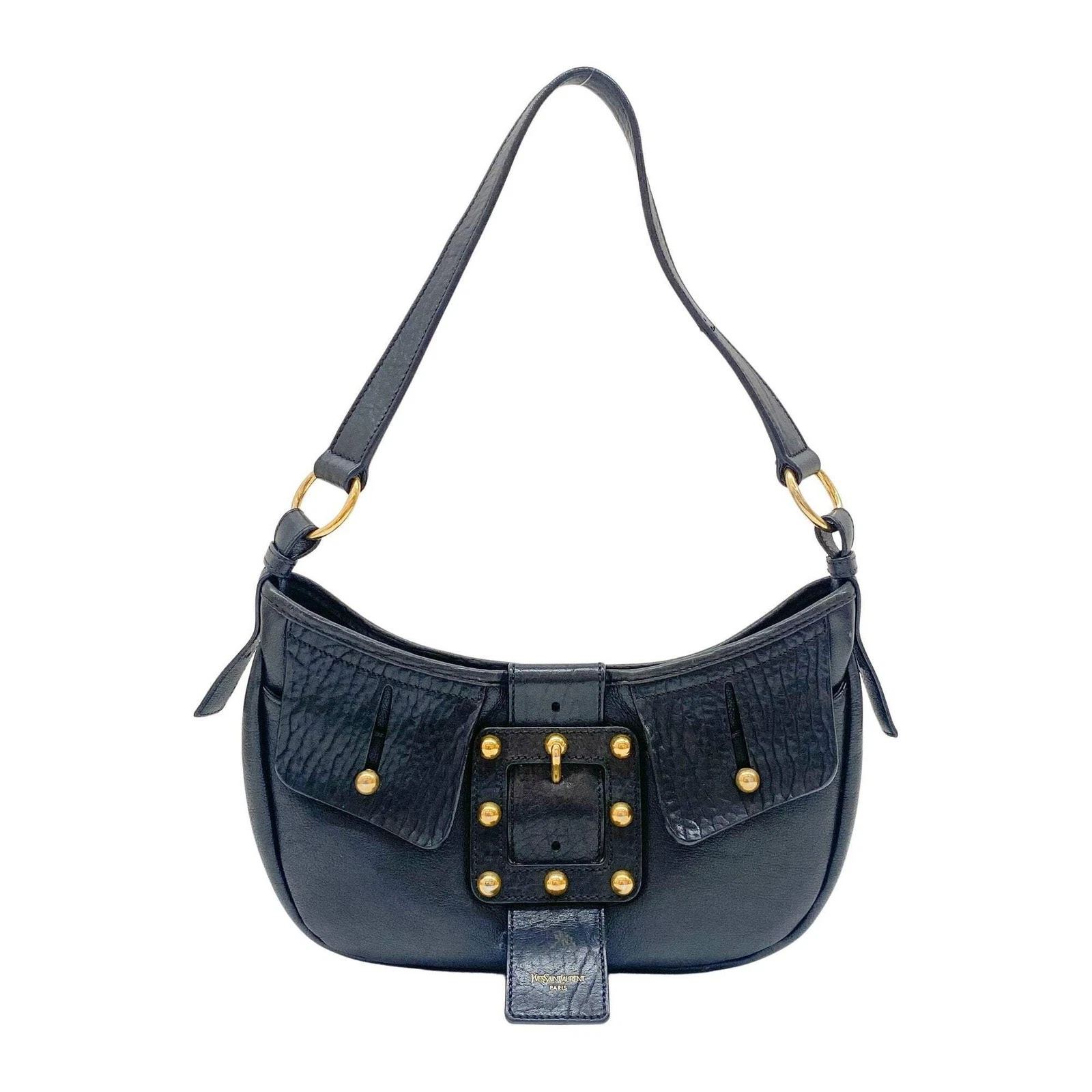 Saint Laurent — SAINT LAURENT Black Leather with Gold Studs Shoulder Bag