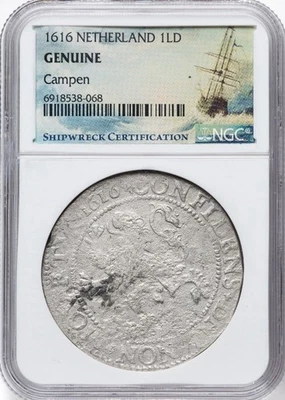 CAMPEN Shipwreck 1616 Netherlands Lion Daalder 1LD, Dutch SEA SALVAGED Coin, NGC - Image 1 of 4