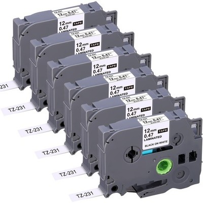 6 Packs Label Tape for Brother TZe-231 TZ-231,Black on White, 0.47'' x 26.2'