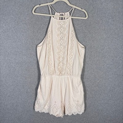 American Eagle Crochet Lace Romper Large Cream Sheer Scallop Boho Resort Cruise