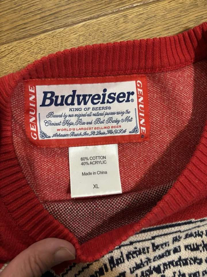 Suéter Budweiser Cerveza Feo Navidad Para Hombre XL Rojo Copo de Nieve Pullover Tejido Foto 3 de 3