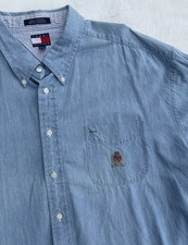Vintage Tommy Hilfiger Shirt Mens XXL Blue Chambray Long Sleeve Crest 2XL
