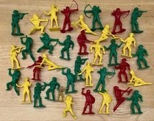Vintage Plastic Cowboys and Indians Lot of 35 Figures Red Yellow Green 3"