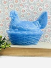 Hen on Nest Chicken  Blue Milk Glass Candy Dish, Vintage Style Cottagecore