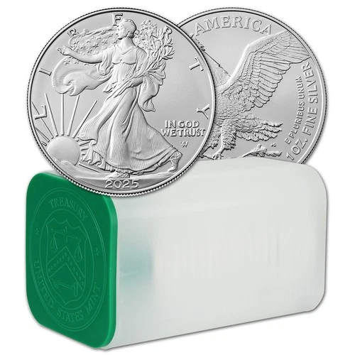 2025 American Silver Eagle Coin 1 oz $1 1 Tube Twenty 20 BU Coins in Mint Tube