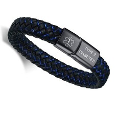 Medical Alert PU Leather Bracelet Men Braided ID Tag Wristband Emergency Info