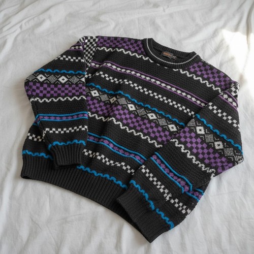 Vtg Lighting Bolt International Large Striped Knit Retro 80s Arcade Sweater
