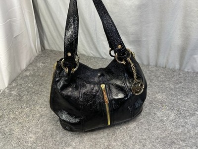 MICHAEL KORS  Moxley Shiny Black Soft Leather Gold Hardware Shoulder Hand Bag