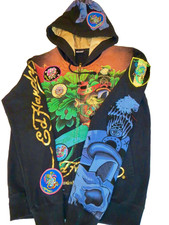ED HARDY Size Large Women’s HOODIE SWEATSHIRT JACKET Embroidery PATCHES Bling!