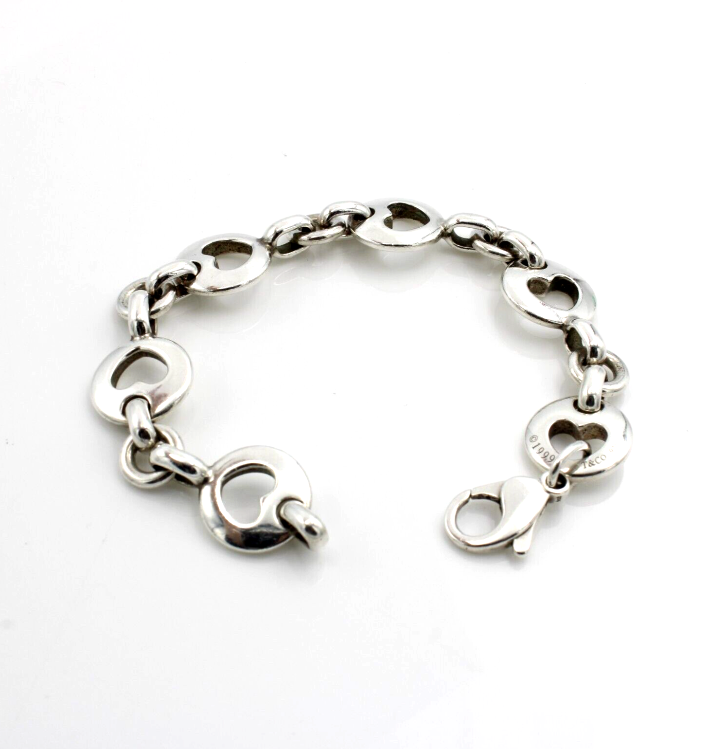 Tiffany & Co Sterling Silver Stencil Open Heart Link Bracelet w Bag 