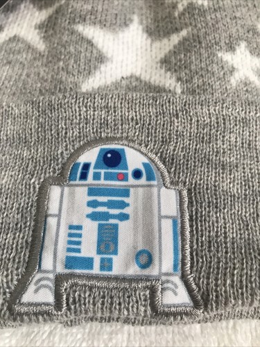 Disney Star Wars R2-D2 Girls Pom-Pom Beanie Hat Gray with White Stars - Picture 2 of 4