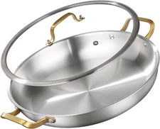 DELARLO 14" Tri-Ply Stainless Paella Pan w/ Lid – Induction Ready, Large - NIB