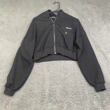 White Fox Cropped Full Zip Hoodie Size S/M Black Distressed SEE