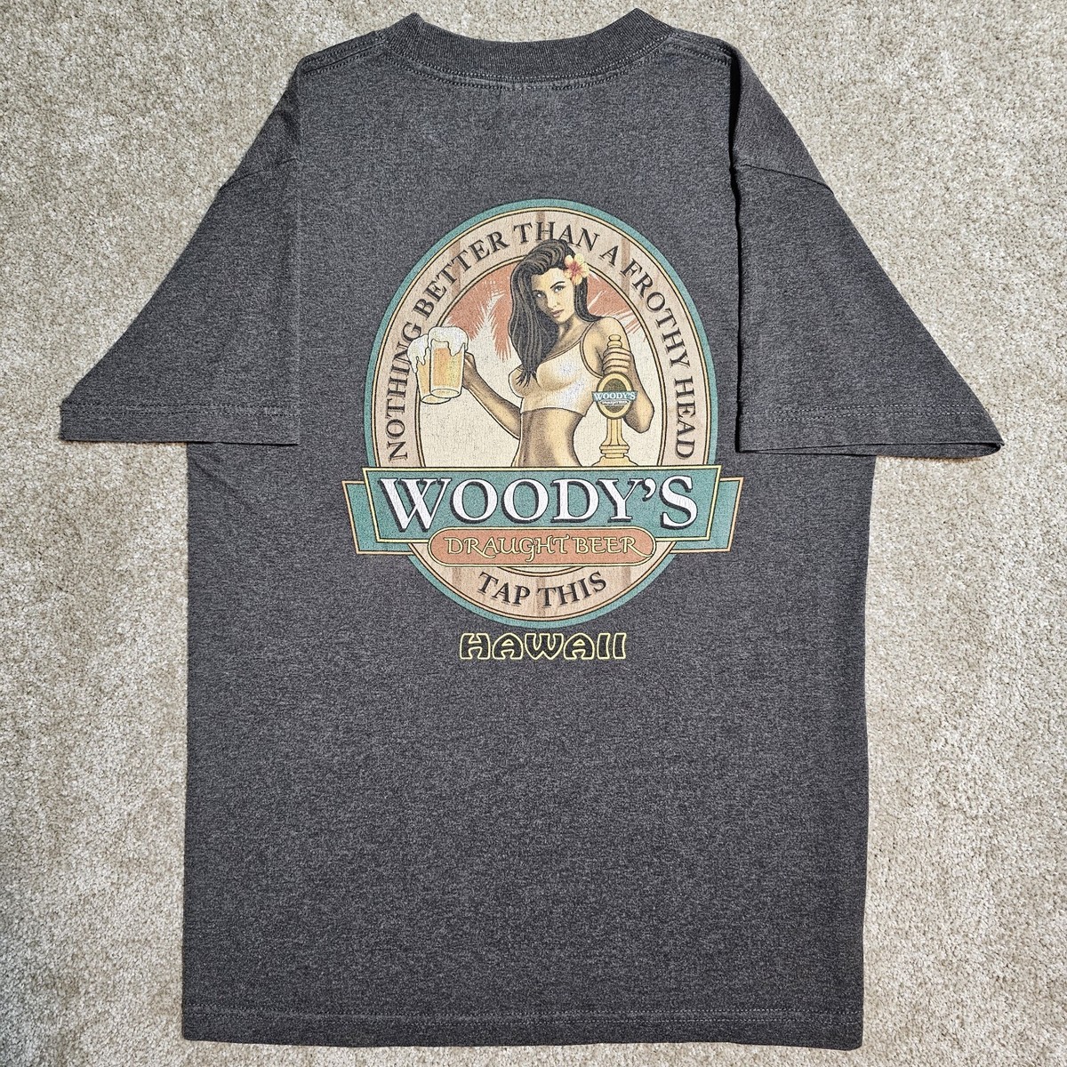 Vintage Y2k Woodys Draught Beer Hawaii T-Shirt Mens S Tap This