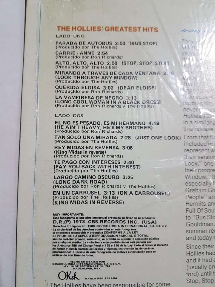 The Hollies Greatest Hits LP Scarce Mexican Press 1973 Vinyl NM Shrink - Image 3 of 4