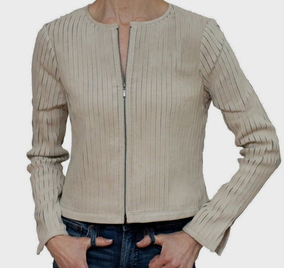 $299 NWT ECRU SzS LEATHER SUEDE HAND CUT PIECED STRIPS ZIP-UP
