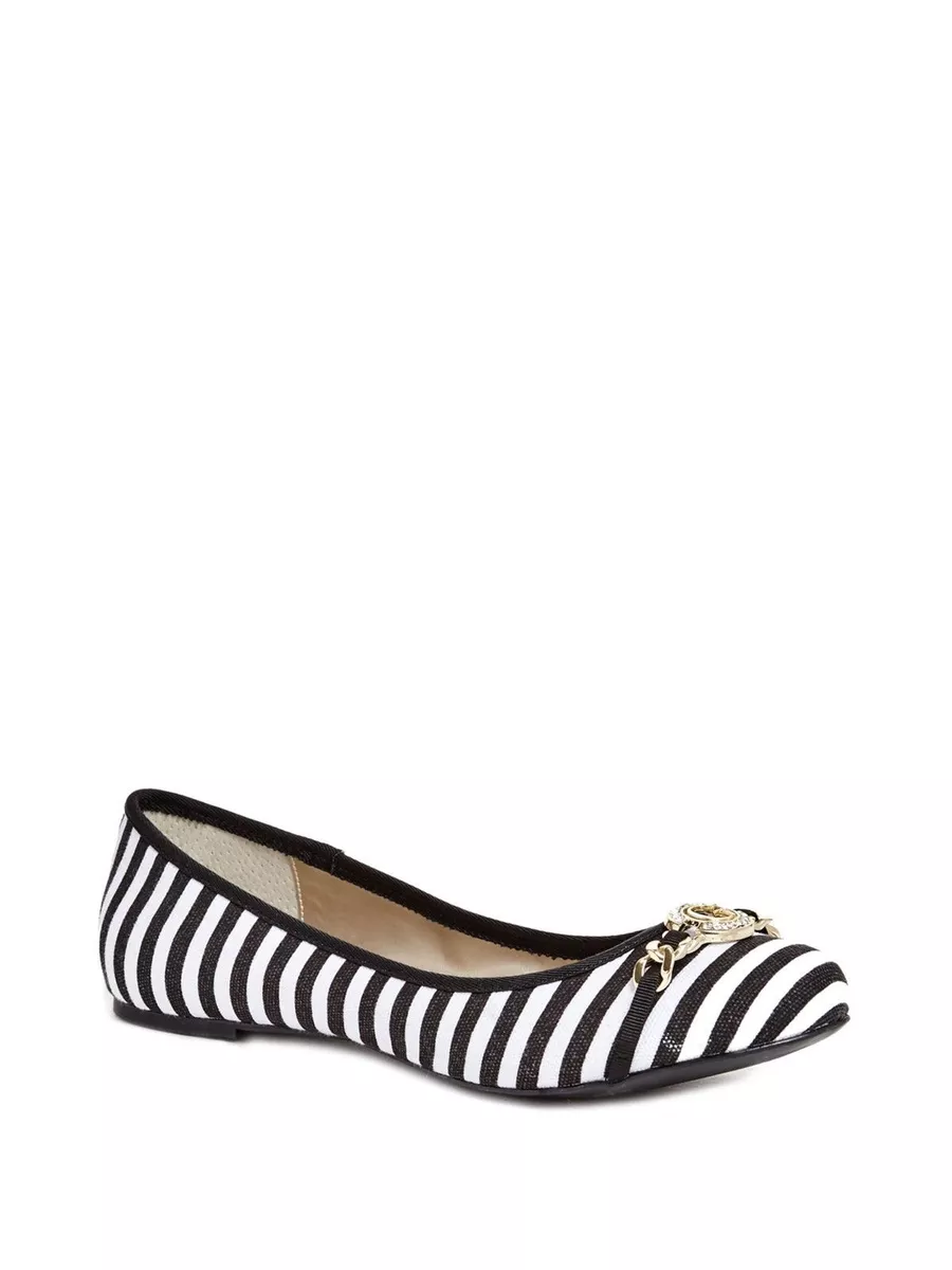 GUESS KARLYN BLACK WHITE CANVAS STRIPES G GOLD CRYSTAL LOGO BALLET FLATS SHOES