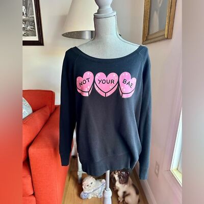 Nikki Lipstick Not Your Bae black scoop neck sweatshirt w/ pink hearts One Size