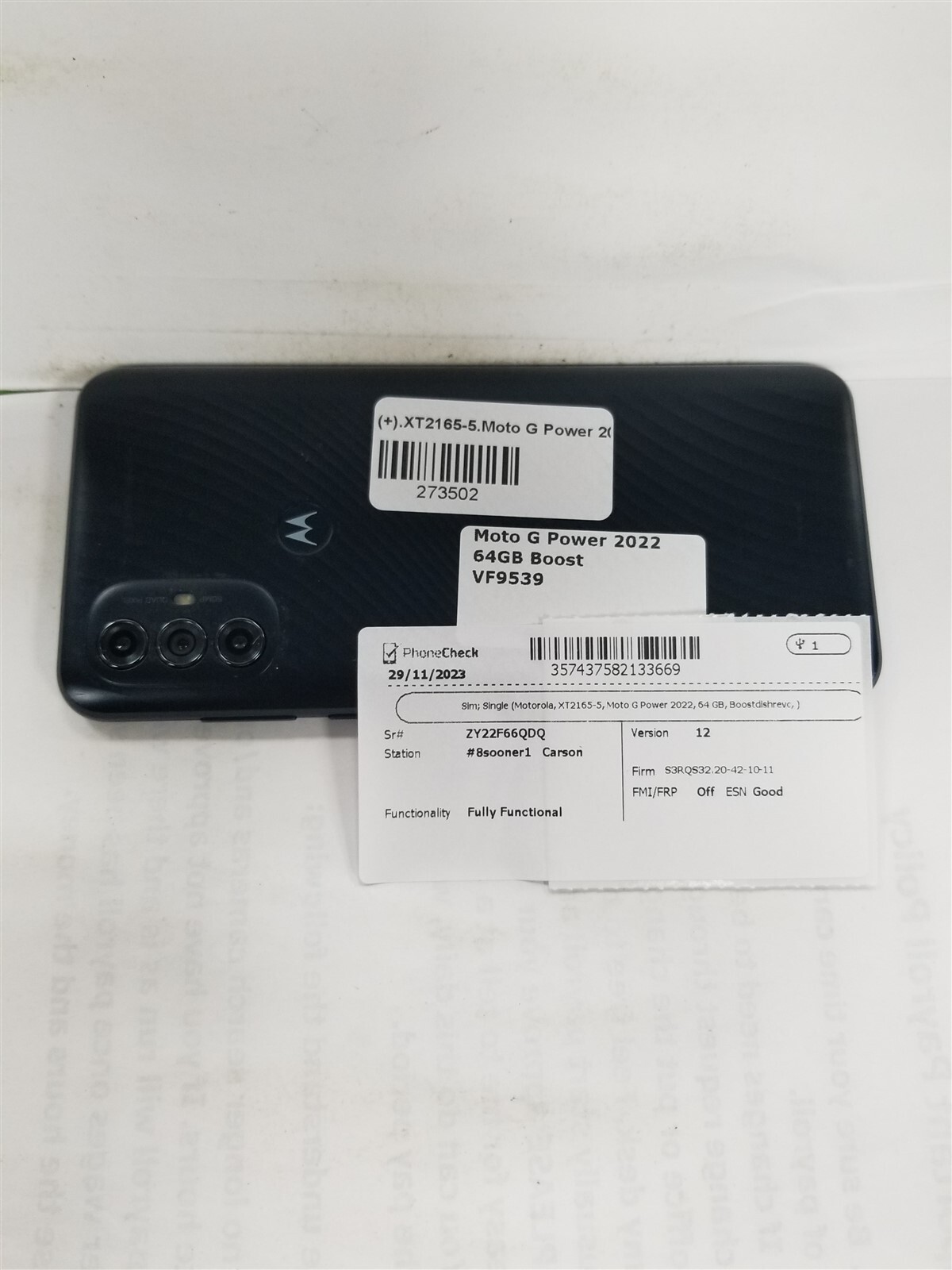 Motorola Moto G Power 2022 64GB Black XT2165-5 (Boost) Android Smartphone VF9539