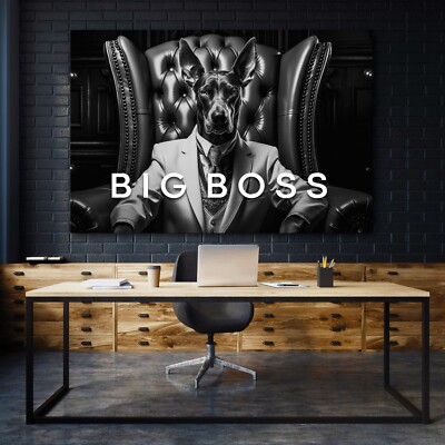 WANDBILD HUND DOBERMANN, BIG BOSS TEXT , KUNST ACRYLGLAS , LEINWAND POSTER DEKO
