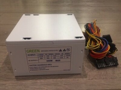 BRAND NEW--Green 650w-Max WHITE 12cm Fan ATX Power Supply 20+4Pin, SATA & PCIe